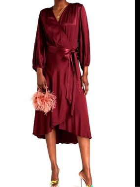 GHOST LONDON AGGIE Satin Crepe Wrap Dress in Truffle S